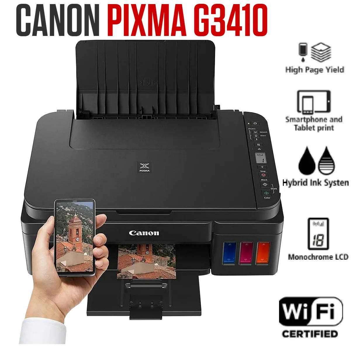 CANON-G3410 Canon Pixma G3410 3in1 INK WIFI Printer Canon Pixma G3410 3in1 INK WIFI Printer - Print, Copy, Scan, Cloud Link -  Up to 48001 x 1200 dpi Resolution - Black and Colour Printing - Refillable Ink Tank | BLACK