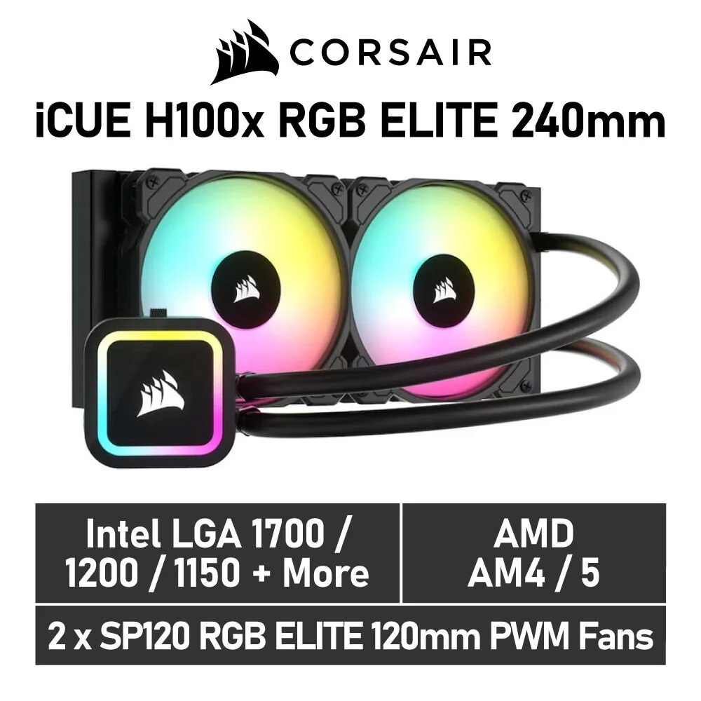 Corsair H100x RGB Elite 420 Liquid CPU Cooler 2 PWM Fans 120 (1) CW-9060065-WW2 H100x RGB Elite 420 Liquid CPU Cooler Corsair H100x RGB Elite 420 Liquid CPU Cooler - 2 PWM Fans 120mm x 25mm - Dynamic LEDs SP120 Series PWM Fans with AirGuide Intel® LGA 1700, 1200, 115X, 2066, AMD® AM5/AM4 Sockets | Black (CW-9060065-WW2)