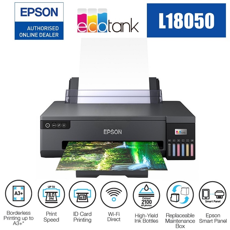 Epson EcoTank L18050 Ink Tank Photo Printer Borderless Printing (2) EPSON-L18050 EcoTank L18050 Ink Tank Photo Printer Epson EcoTank L18050 Ink Tank Photo Printer Borderless Printing (up to A3+) Up to 22 ppm | 6 Colour High yield ink bottles | Replaceable Maintenance Box | USB 2.0 , Wi-Fi , Interface | BLACK