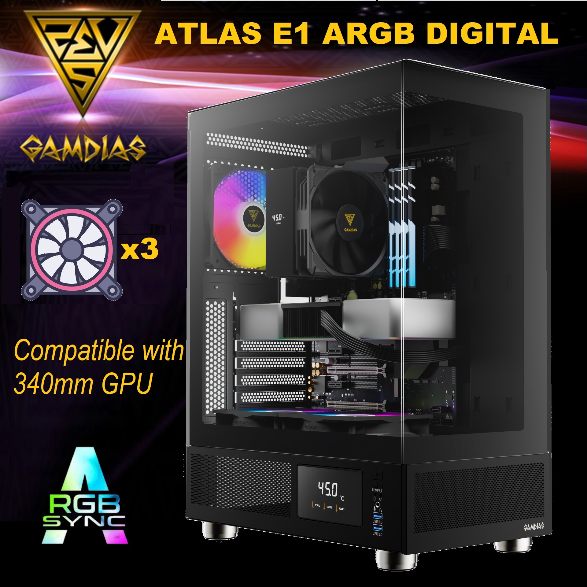 ATLAS-E1-DIGITAL-B ATLAS E1 ARGB DIGITAL GAMIMG BLACK Case ATX GAMDIAS ATLAS E1 ARGB DIGITAL GAMIMG ATX Mid Tower PC Case, Real-time Monitor, Pre-installed 3 x 120 mm ARGB Fans, Seamless Tempered Glass, High Airflow Side Vents | BLACK ATLAS-E1-DIGITAL-B