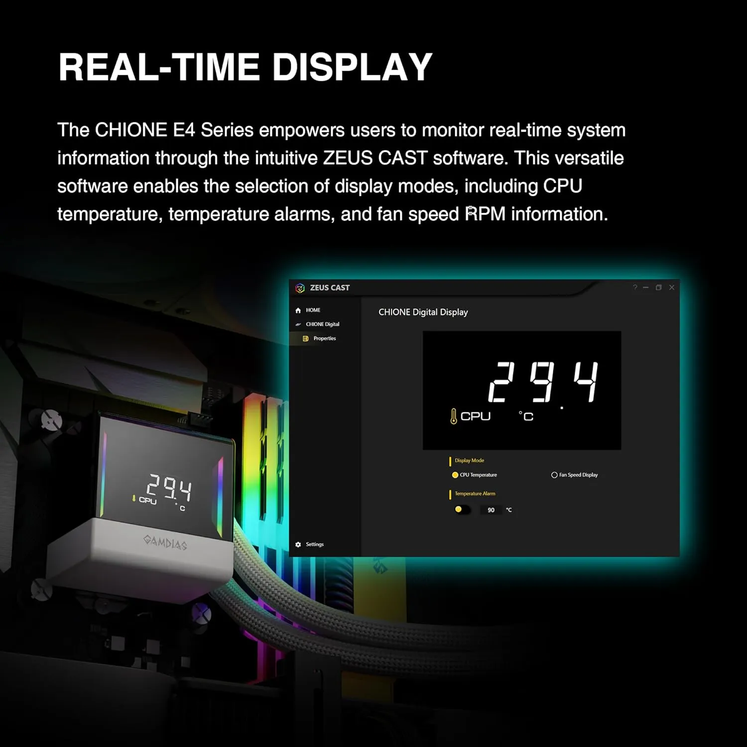 CHIONE-E4-240-W CHIONE E4 240 AIO ARGB WHITE CPU Liquid Cooler GAMDIAS CHIONE E4 240mm AIO ARGB CPU Liquid Cooler, Real-time Digital Display PWM Pump, Hidden Cable Design, 2X 120MM ARGB PWM Fan w/MB Sync, Intel LGA 1700/1200, AMD AM5/AM4 | White CHIONE-E4-240-W