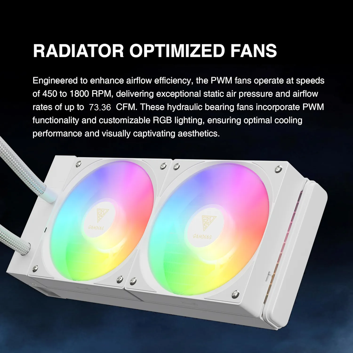 CHIONE-E4-240-W CHIONE E4 240 AIO ARGB WHITE CPU Liquid Cooler GAMDIAS CHIONE E4 240mm AIO ARGB CPU Liquid Cooler, Real-time Digital Display PWM Pump, Hidden Cable Design, 2X 120MM ARGB PWM Fan w/MB Sync, Intel LGA 1700/1200, AMD AM5/AM4 | White CHIONE-E4-240-W