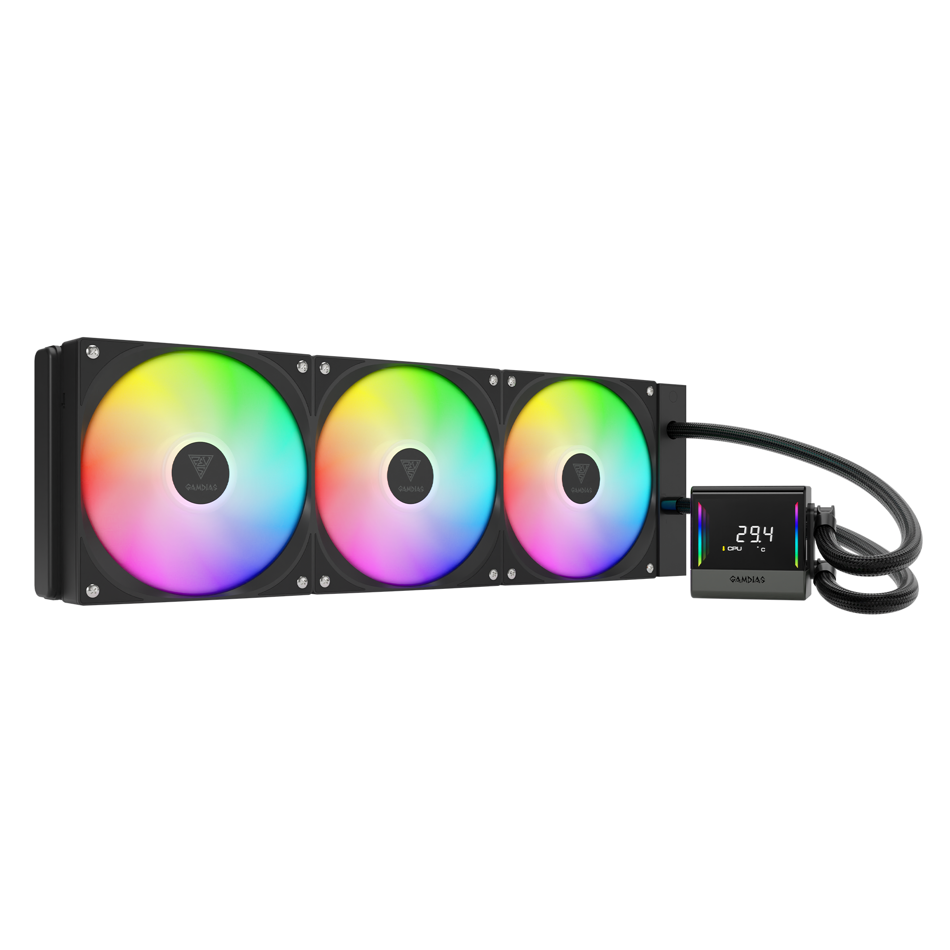 GAMDIAS CHIONE E4 360mm AIO ARGB CPU Liquid Cooler (1) CHIONE-E4-360-B CHIONE E4 360 AIO ARGB BLACK CPU Liquid Cooler GAMDIAS CHIONE E4 360mm AIO ARGB CPU Liquid Cooler , Real-time Digital Display PWM Pump, Hidden Cable Design, 3X 120MM ARGB PWM Fan w/MB Sync, Intel LGA 1700/1200, AMD AM5/AM4 | BLACK CHIONE-E4-360-B