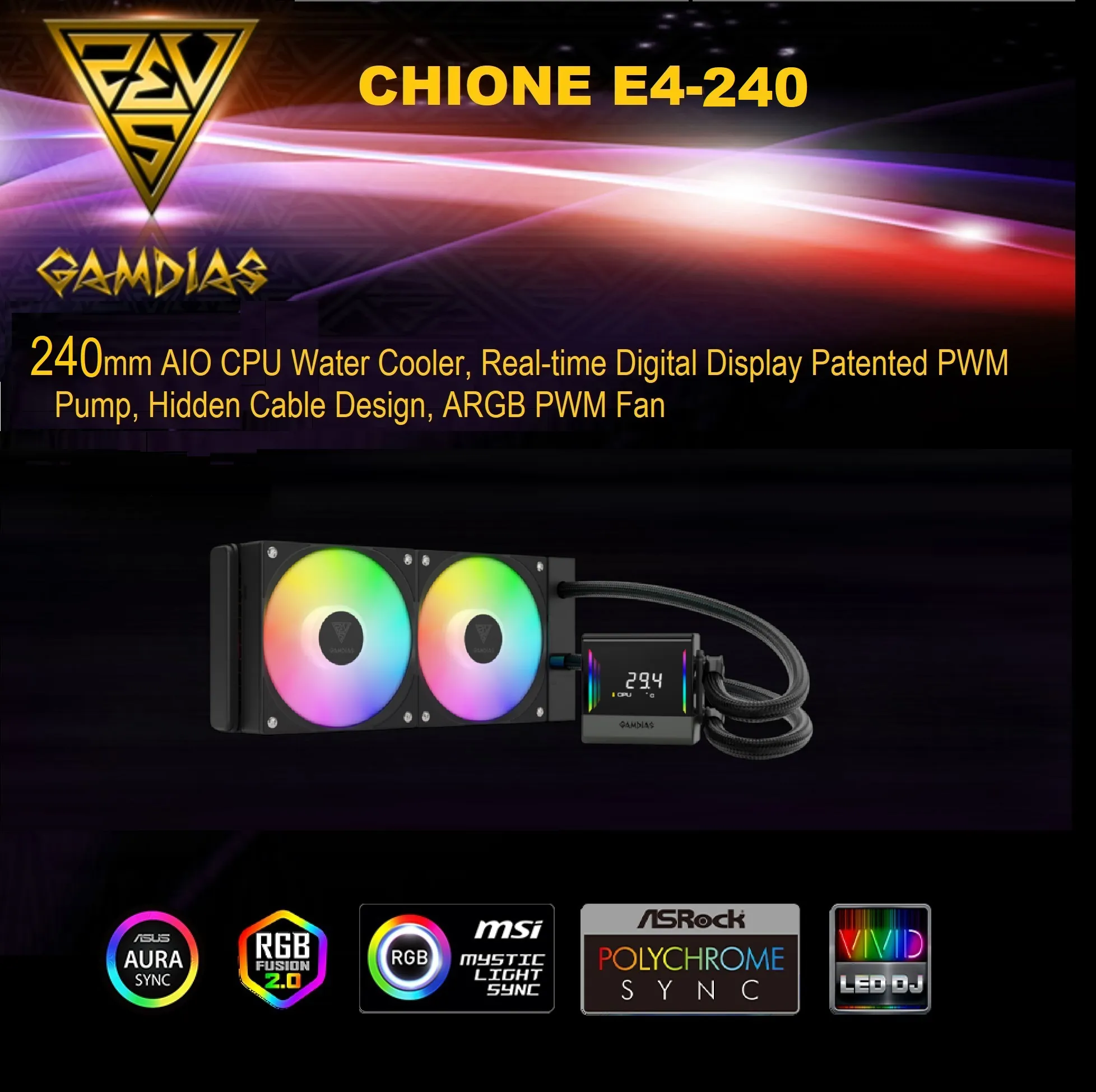 GAMDIAS-CHIONE-E4-360mm-AIO-ARGB-CPU-Liquid-Cooler-2 (1) CHIONE-E4-240-B CHIONE E4 240 AIO ARGB BLACK CPU Liquid Cooler GAMDIAS CHIONE E4 240mm AIO ARGB CPU Liquid Cooler , Real-time Digital Display PWM Pump, Hidden Cable Design, 2X 120MM ARGB PWM Fan w/MB Sync, Intel LGA 1700/1200, AMD AM5/AM4 | BLACK CHIONE-E4-240-B