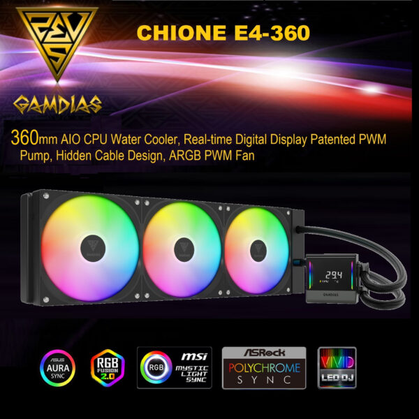 CHIONE-E4-360-B CHIONE E4 360 AIO ARGB BLACK CPU Liquid Cooler GAMDIAS CHIONE E4 360mm AIO ARGB CPU Liquid Cooler , Real-time Digital Display PWM Pump, Hidden Cable Design, 3X 120MM ARGB PWM Fan w/MB Sync, Intel LGA 1700/1200, AMD AM5/AM4 | BLACK CHIONE-E4-360-B