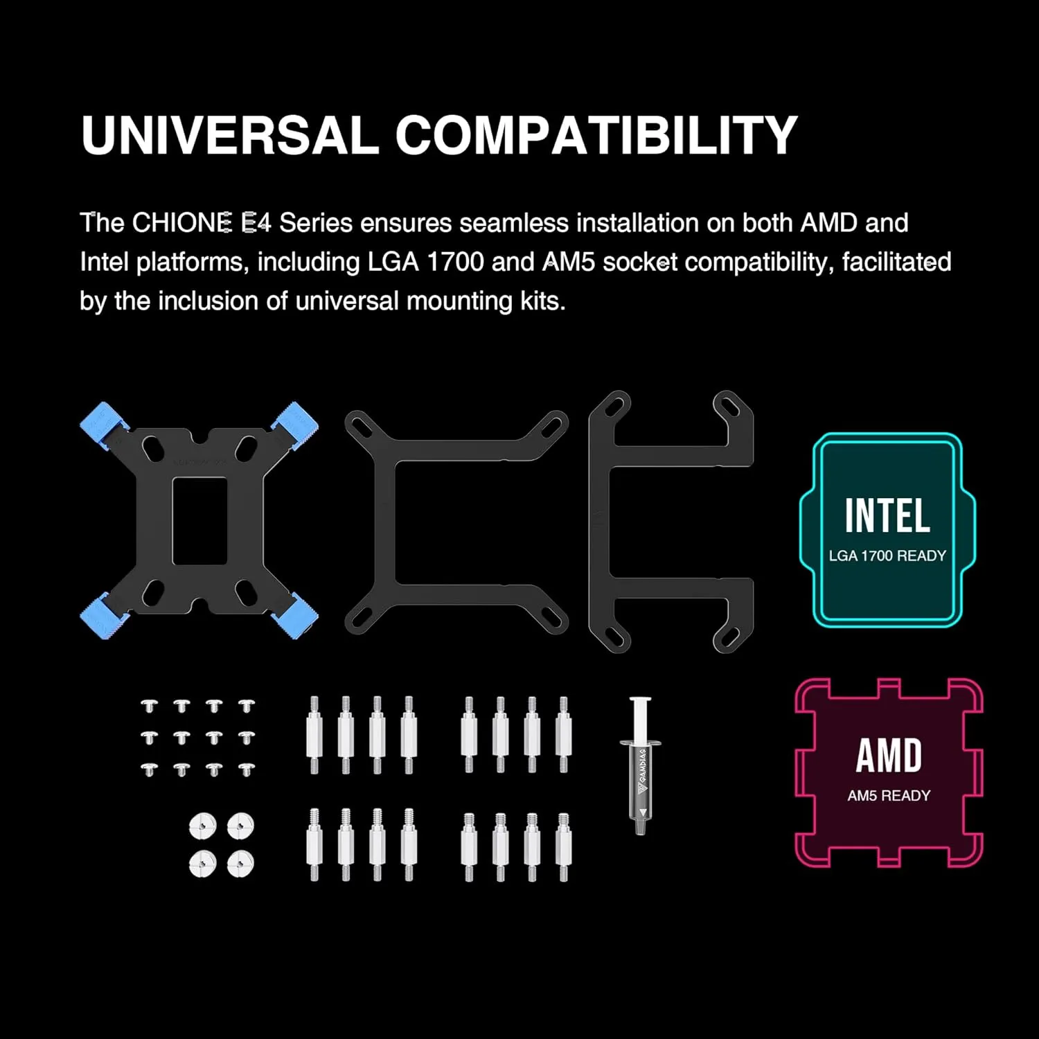 CHIONE-E4-240-B CHIONE E4 240 AIO ARGB BLACK CPU Liquid Cooler GAMDIAS CHIONE E4 240mm AIO ARGB CPU Liquid Cooler , Real-time Digital Display PWM Pump, Hidden Cable Design, 2X 120MM ARGB PWM Fan w/MB Sync, Intel LGA 1700/1200, AMD AM5/AM4 | BLACK CHIONE-E4-240-B