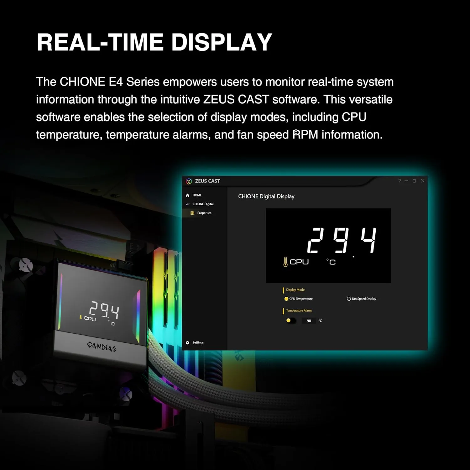 CHIONE-E4-240-B CHIONE E4 240 AIO ARGB BLACK CPU Liquid Cooler GAMDIAS CHIONE E4 240mm AIO ARGB CPU Liquid Cooler , Real-time Digital Display PWM Pump, Hidden Cable Design, 2X 120MM ARGB PWM Fan w/MB Sync, Intel LGA 1700/1200, AMD AM5/AM4 | BLACK CHIONE-E4-240-B