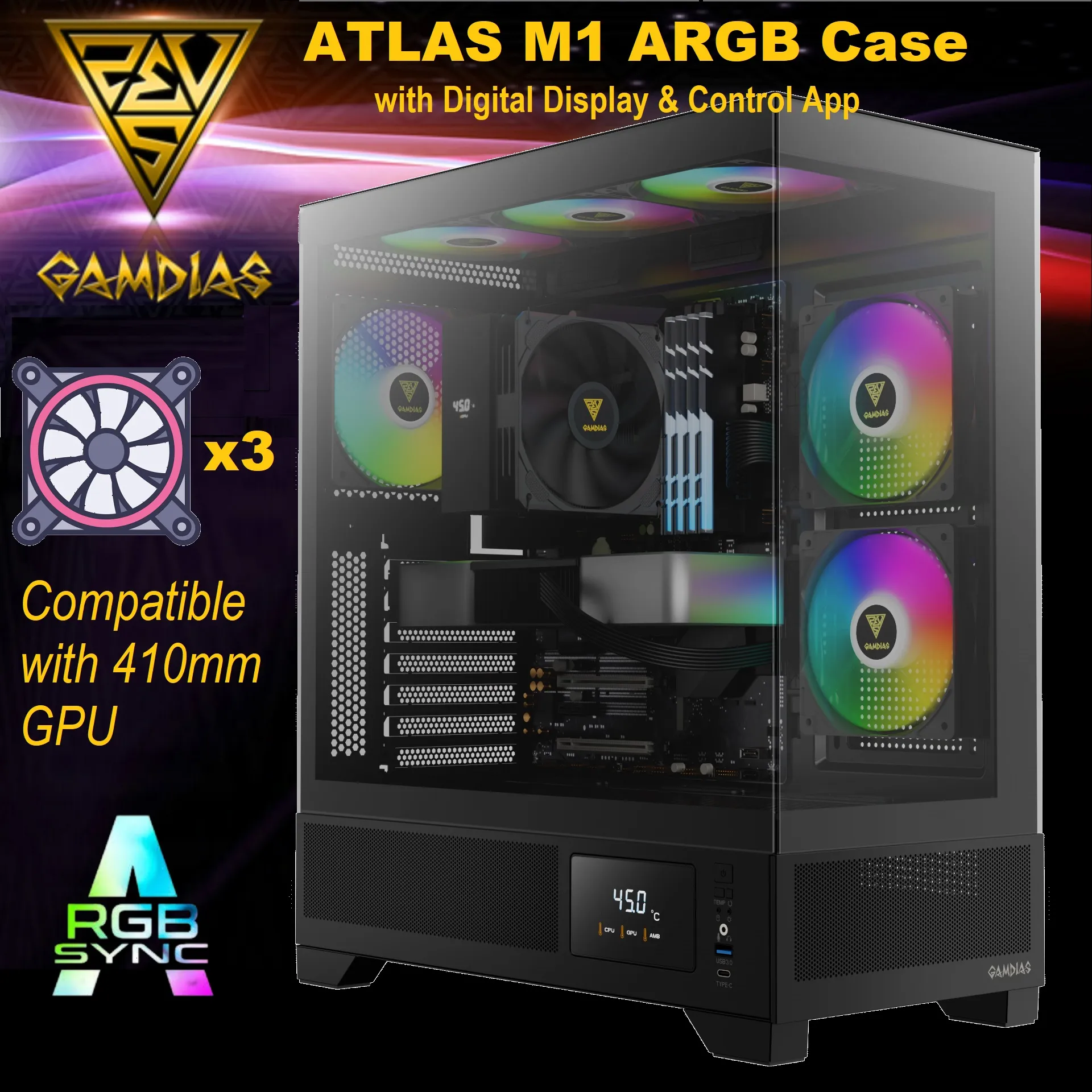 GAMDIAS Mid Tower Gaming Computer Case wDisplay& App, ATX Tempered Glass PC Case, Built-in 3X 120mm ARGB (1) 28 ATLAS M1 Mid Tower ARGB Case Digital Display