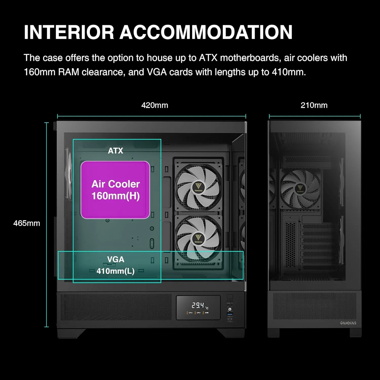 GAMDIAS Mid Tower Gaming Computer Case wDisplay& App, ATX Tempered Glass PC Case, Built-in 3X 120mm ARGB (5) ATLAS-M1-DIGITAL-B ATLAS M1 Mid Tower ARBG Case w Digital Display GAMDIAS ATLAS M1 Mid Tower Gaming Computer Case w/Display& App, ATX Tempered Glass PC Case, Built-in 3X 120mm ARGB PWM Fans, Up to RTX 4000 GPU/VGA 410mm& 360mm AIO/Radiator& 6x120mm Fans& 160mm CPU Cooler | BLACK ATLAS-M1-DIGITAL-B