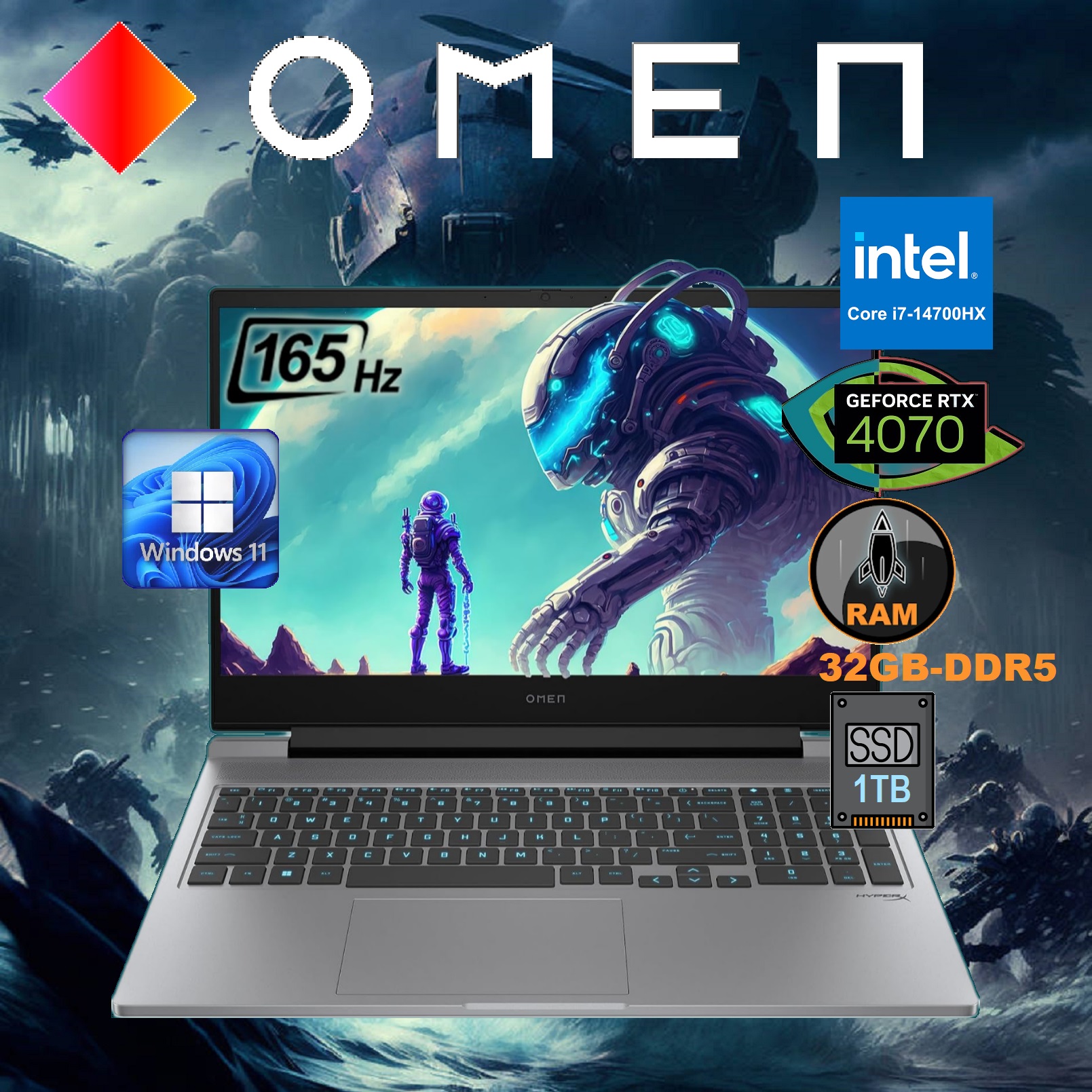 HP OMEN i7-14700HX RTX 4070 32GB DDR5 RAM 1TB SSD Windows 11 (1) 9V7EUA#ABA HP OMEN i7-14700HX RTX 4070 32GB DDR5 RAM OMEN by HP 16-ae0001nr Intel® Core™ i7-14700HX | 32GB DDR5 RAM ; 1TB SSD | RTX™ 4070 ; 8GB | 16.1-inch FHD IPS Display 165Hz | Bang & Olufsen X® Ultra DTS Audio | 1-Zone RGB Backlit keyboard | Windows 11 | METEOR SILVER (9V7E7UA)