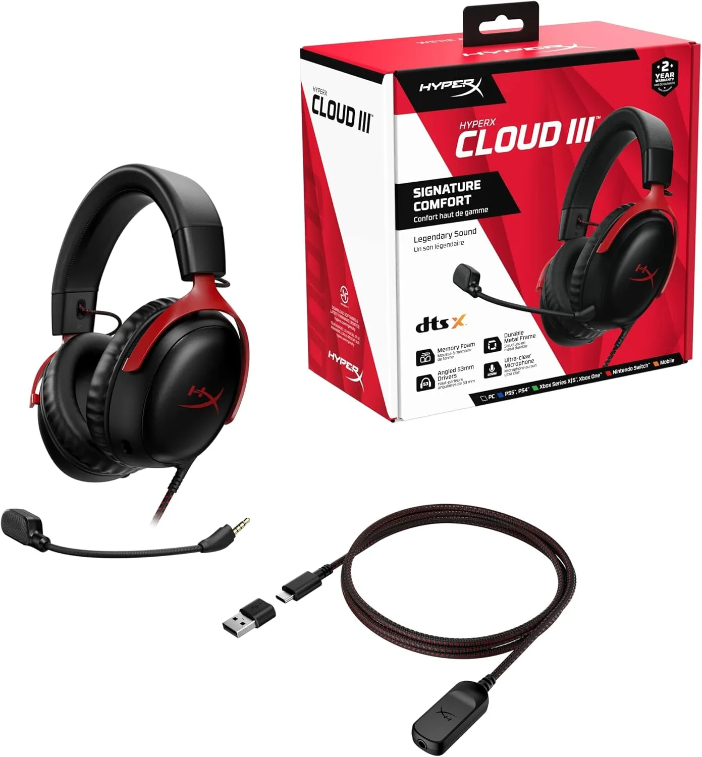 CLOUD-III-BK-WRD-OB HyperX Cloud III Wired DTS Gaming Headset HyperX Cloud III – Wired Gaming Headset, PC, PS5, Xbox Series X|S, Angled 53mm Drivers, DTS Spatial Audio, Memory Foam, Durable Frame, Ultra-Clear 10mm Mic, USB-C, USB-A, 3.5mm | Black/Red  OPEN BOX