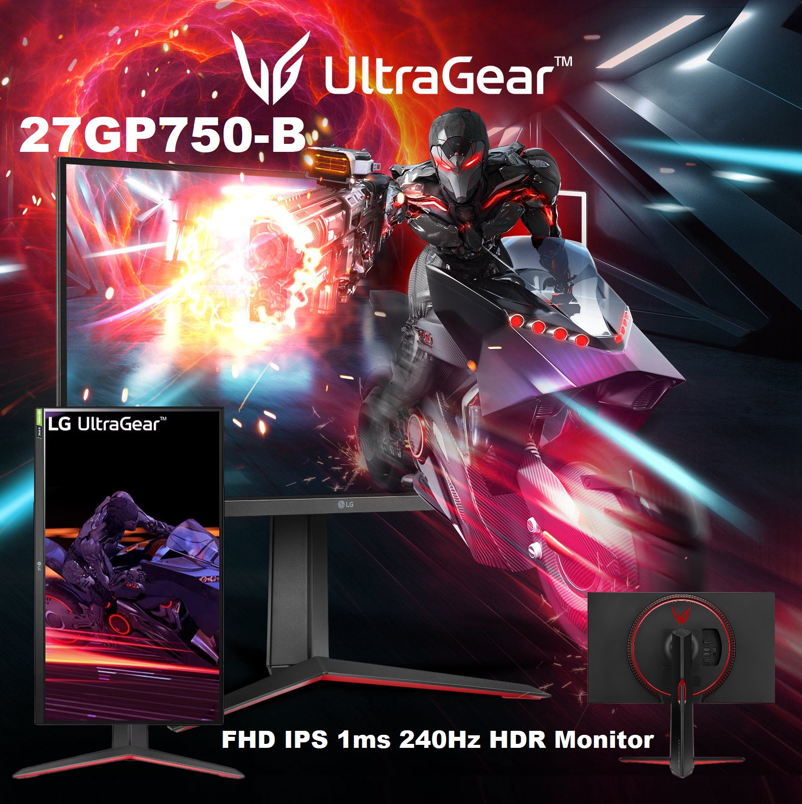 27GP750-B 27 inch FHD IPS 1ms 240Hz HDR Monitor LG UltraGear® 27GP750-B 27 inch FHD IPS 1ms 240Hz HDR Monitor with G-SYNC® Compatibility - AMD FreeSync Premium - Thin Bezel - Tilt, Height, Pivot Adjustable | BLACK & RED 
