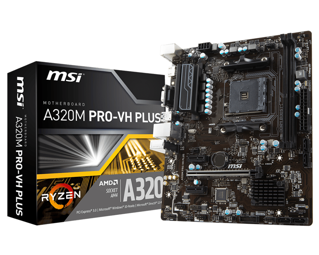 MSI ProSeries AMD Ryzen A320M PRO-VH PLUS DDR4 VR Ready HDMI USB 3 micro-ATX Motherboard (1) 911-7B07-002 VH PLUS A320M AMD DDR4 micro-ATX Motherboard MSI ProSeries AMD Ryzen A320M PRO-VH PLUS DDR4 VR Ready HDMI USB 3 micro-ATX Motherboard , Dual DDR4, USB 3.1 Gen1, HDMI, VGA, Realtek ALC887 Audio, PCI-E Gen3, SATA 6Gb/s, Windows 10/7 Support (A320M Model)