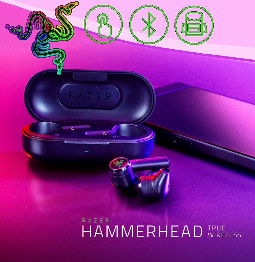 RAZER HAMMERHEAD TRUE WIRELESS (1) RZ12-02970100-CHINA True Wireless Bluetooth Gaming Earbuds Razer Hammerhead True Wireless Bluetooth Gaming Earbuds : 60ms Low-Latency - IPX4 Water Resistant - Bluetooth 5.0 Auto Pairing - Touch Enabled - 13mm Drivers | Classic Black