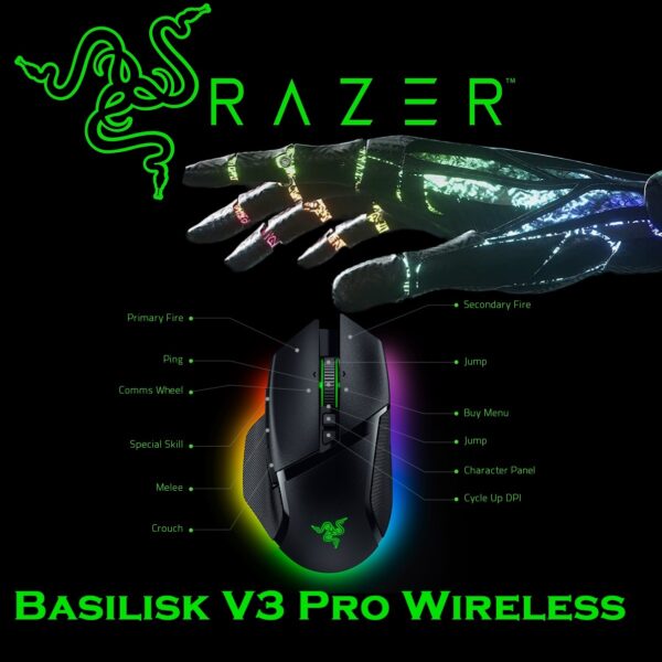 RZ01-04620100-0000 Razer Basilisk V3 Pro Wireless Gaming Mouse Razer Basilisk V3 Pro Wireless Gaming Mouse : HyperScroll Tilt Wheel - 30K DPI Optical Sensor - Gen-3 Optical Switches - 13-Zone Chroma RGB - 13 Programmable Controls - 3 Connection Modes | Black RZ01-04620100-0000