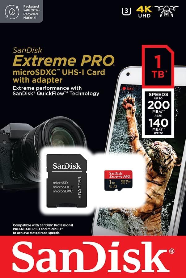 SanDisk 1TB Extreme PRO microSD 200MBs Read 140MBs (1) 1TB Extreme PRO microSDXC UHS-I Card 200MBs SDSQXCD-1T-GN6MA SanDisk 1TB Extreme PRO microSD UHS-I Card with Adapter SanDisk 1TB Extreme PRO® microSD™ UHS-I Card with Adapter C10, U3, V30, A2, 200MB/s Read 140MB/s Write SDSQXCD-1T-GN6MA
