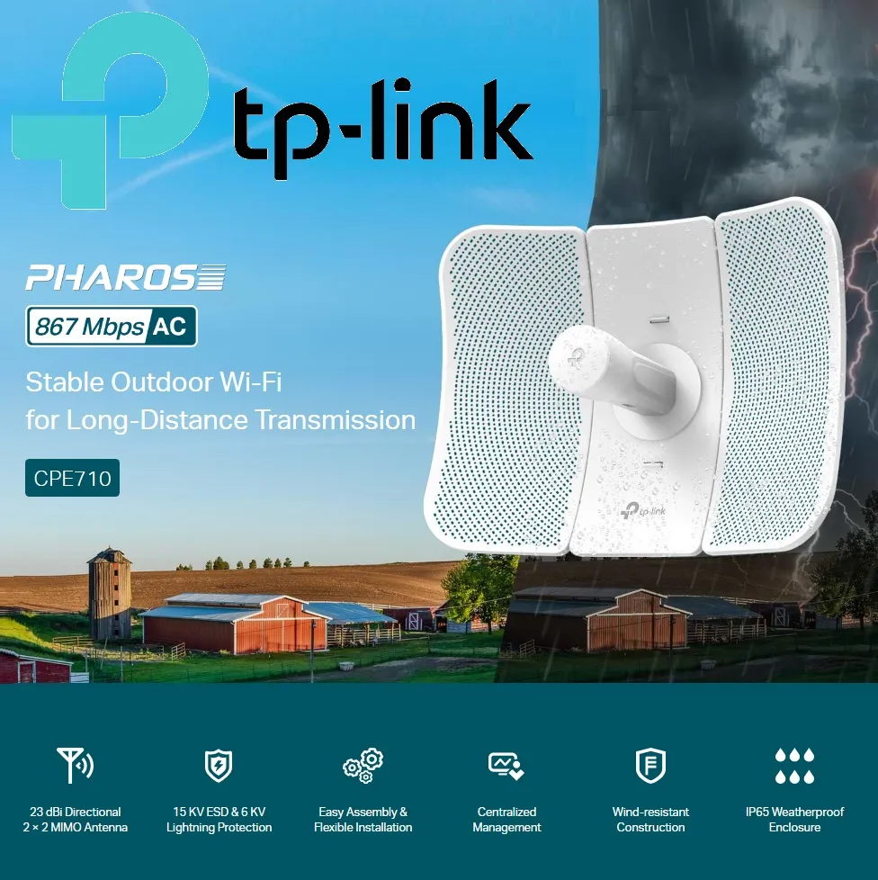 CPE710 5GHz AC 867Mbps 23dBi Outdoor CPE Long Range TP-Link CPE710 | 5GHz AC 867Mbps Long Range Gigabit Outdoor CPE for PtP and PtMP Transmission | Point to Point Wireless Bridge | 23dBi | Passive PoE Powered w/Free PoE Injector | Pharos Control