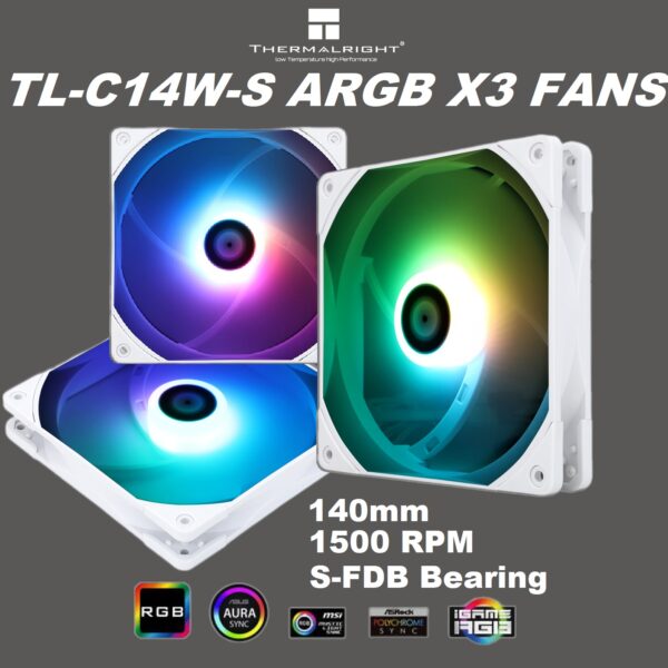 TL-C14W-S 140mm PWM ARGB WHITE Fans Triple Pack  Thermalright TL-C14W-S X3 , 140mm PWM ARGB Fans, Triple Pack, Customizable Lighting, Static Pressure Addressable RGB, Motherboard SYNC with 5V-3PIN, up to 1500 RPM , 74.3 CFM (MAX) | WHITE