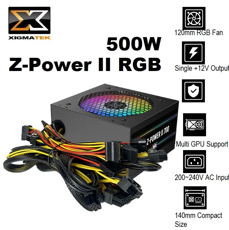 EN44557 Z-Power II RGB 700 PSU Non-Modular 500W XIGMATEK Z-Power II RGB 700 PSU Non-Modular 500W - 120mm RGB Fan - AC 230V Input, Double Forward- Support Latest Intel & AMD Motherboard - OPP/UVP/OVP/SCP Protection | BLACK EN44557