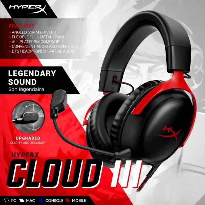 CLOUD-III-BK-WRD-OB HyperX Cloud III Wired DTS Gaming Headset HyperX Cloud III – Wired Gaming Headset, PC, PS5, Xbox Series X|S, Angled 53mm Drivers, DTS Spatial Audio, Memory Foam, Durable Frame, Ultra-Clear 10mm Mic, USB-C, USB-A, 3.5mm | Black/Red  OPEN BOX