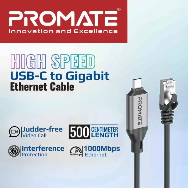 CLINK-RJ45 High-Speed Gigabit Ethernet to USB-C Cable PROMATE High-Speed Gigabit Ethernet Cable to USB-C ; Ultra-Fast 10/100/1000Mbps Ethernet to USB-C™ Adapter Cable ; Universal Compatibility with all USB-C™ Devices ; 5 meters CAT6 UTP ; RJ45 Input to USB-C™ Output | CLINK-RJ45