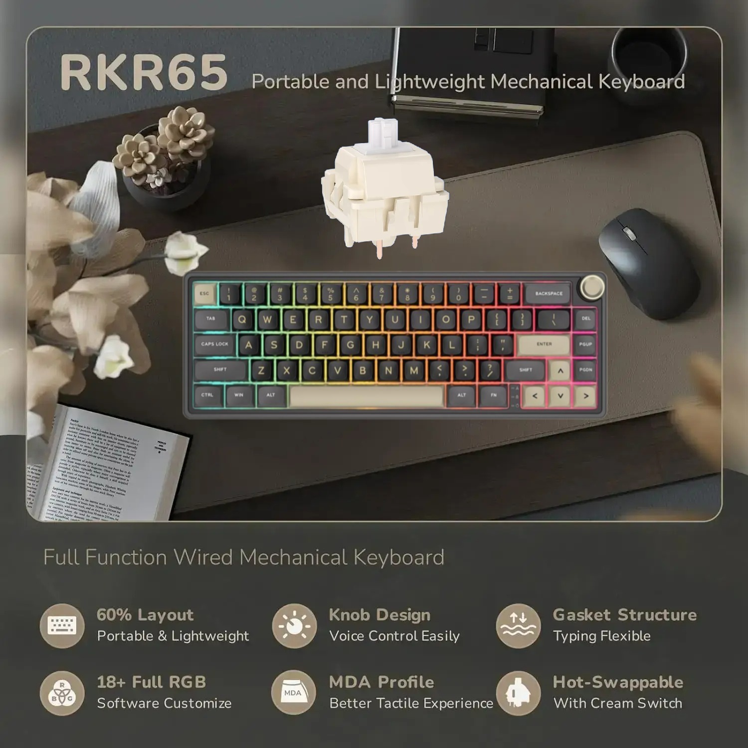 RKR65-PHANTOM-CHART R65 Mechanical Gaming Keyboard Chartreuse Switch RK ROYAL KLUDGE R65 Wired Mechanical Gaming Keyboard with Volume Knob and QMK & ViA RGB Backlit Programmable Keyboard Gasket Mount with PBT Keycaps, MDA Profile, 66 Keys Hot Swappable Chartreuse Switch