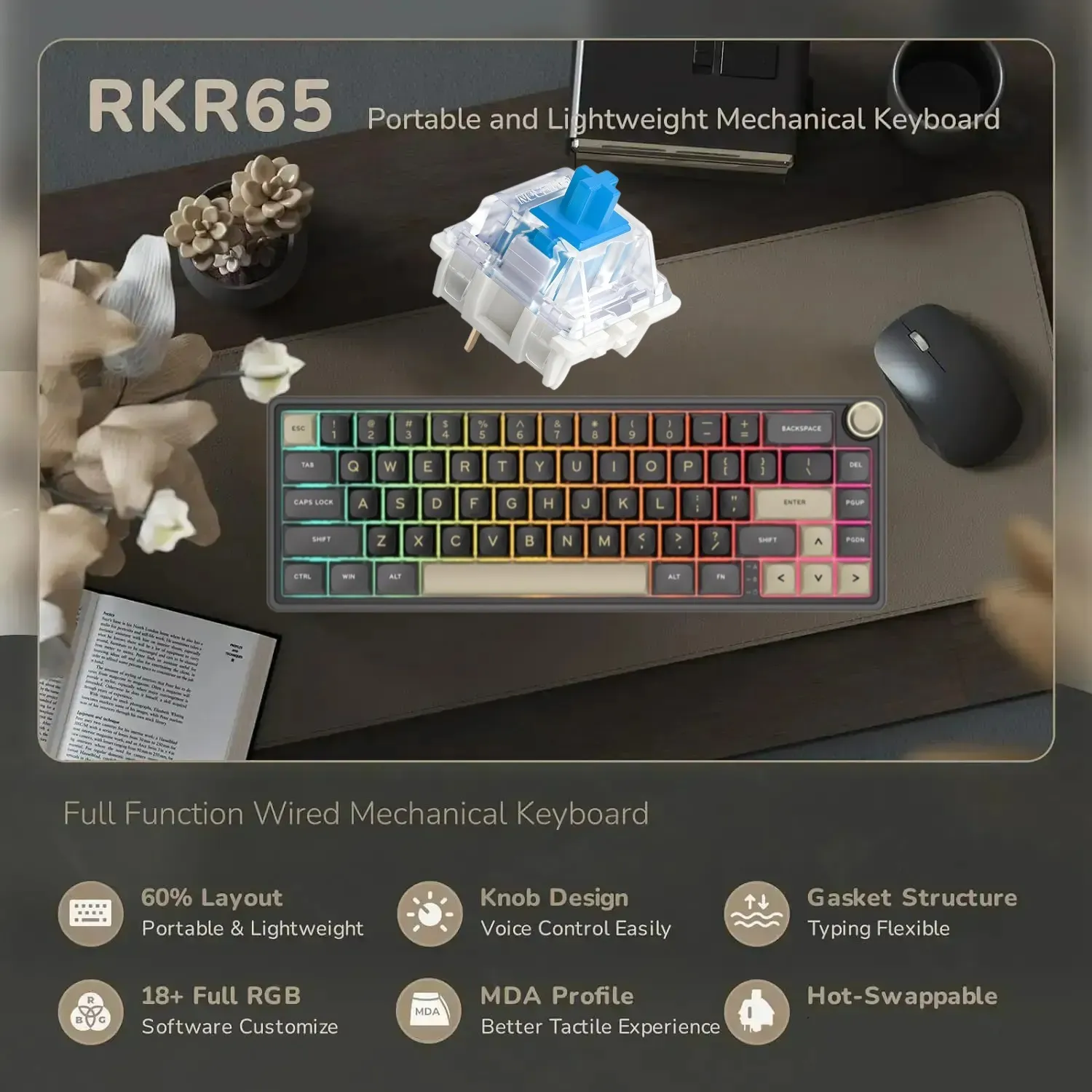 RKR65-PHANTOM-BLUE R65 Mechanical Gaming Keyboard Blue Switch RK ROYAL KLUDGE R65 Wired Mechanical Gaming Keyboard with Volume Knob and QMK & ViA RGB Backlit Programmable Keyboard Gasket Mount with PBT Keycaps, MDA Profile, 66 Keys Hot Swappable Blue Switch