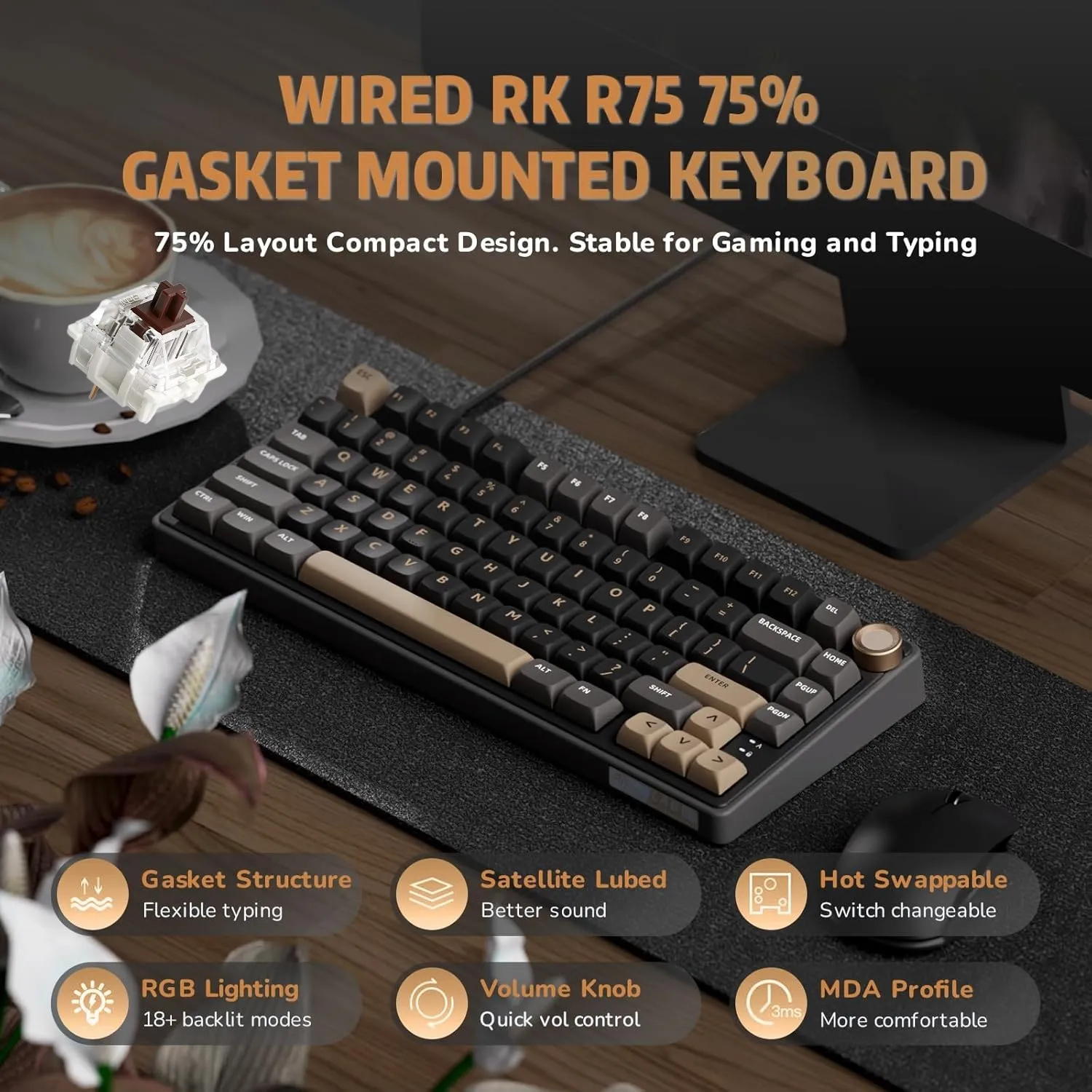 RKR75-PHANTOM-BROWN RKR75 Wired Gaming Keyboard Brown Switch PBT RK ROYAL KLUDGE RKR75 Wired Gaming Keyboard with Volume Knob, 75% Mechanical Gaming Keyboard Custom Gasket Mount with MDA Profile PBT Keycaps, QMK/VIA, Hot Swappable Brown Switch | PHANTOM