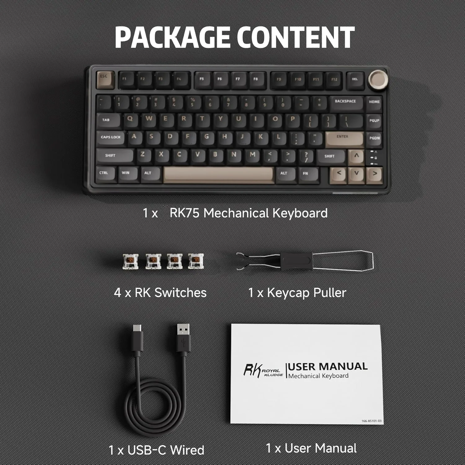 RKR75-PHANTOM-BROWN RKR75 Wired Gaming Keyboard Brown Switch PBT RK ROYAL KLUDGE RKR75 Wired Gaming Keyboard with Volume Knob, 75% Mechanical Gaming Keyboard Custom Gasket Mount with MDA Profile PBT Keycaps, QMK/VIA, Hot Swappable Brown Switch | PHANTOM