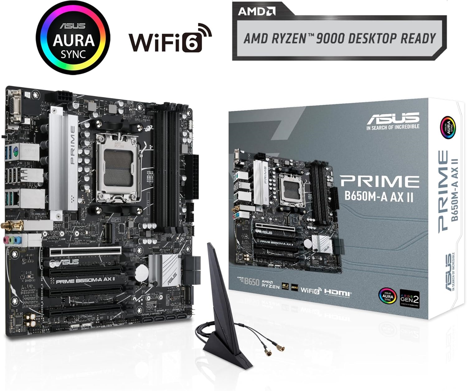 AMD B650 Ryzen 7000 Micro-ATX motherboard DDR5 6400+OC PCIe5 (1) 90MB1ED0-MVAAY0 AMD B650 Ryzen 7000 Micro-ATX motherboard DDR5 ASUS Prime B650M-A AX II AMD B650(Ryzen 7000) Micro-ATX motherboard(DDR5 6400+(OC) , PCIe 5.0 M.2 support, 2.5Gb Ethernet, Wi-Fi 6, DisplayPort, HDMI,USB 3.2 Gen 2 ports, front USB 3.2 Gen 1 Type-C, BIOS FlashBack, CEC Tier II ready)