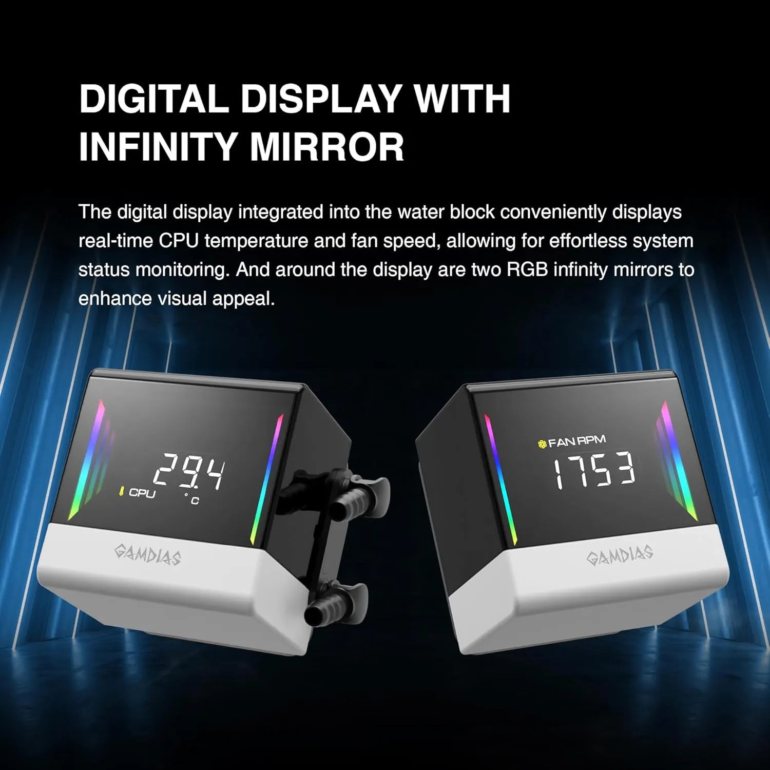 CHIONE E4 360 AIO ARGB WHITE CPU Liquid Cooler (2) CHIONE-E4-360-W CHIONE E4 360 AIO ARGB WHITE CPU Liquid Cooler GAMDIAS CHIONE E4 360mm AIO ARGB CPU Liquid Cooler, Real-time Digital Display PWM Pump, Hidden Cable Design, 3X 120MM ARGB PWM Fan w/MB Sync, Intel LGA 1700/1200, AMD AM5/AM4 | White CHIONE-E4-360-W