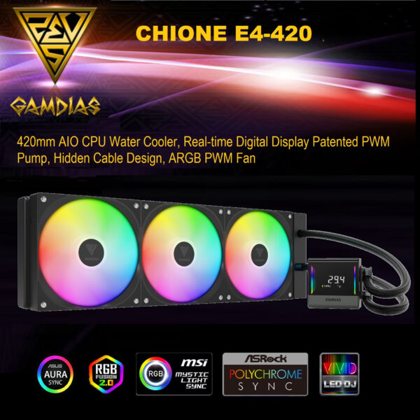 GHIONE-E4-420-B CHIONE E4 420mm ARGB BLACK CPU LIQUID Cooler GAMDIAS CHIONE E4 420mm AIO ARGB BLACK CPU Water Cooler, Real-time Digital Display Patented PWM Pump, Hidden Cable Design, ARGB PWM Fan w/MB Sync, Intel LGA 1700/1200, AMD AM5/AM4 | BLACK GHIONE-E4-420-B