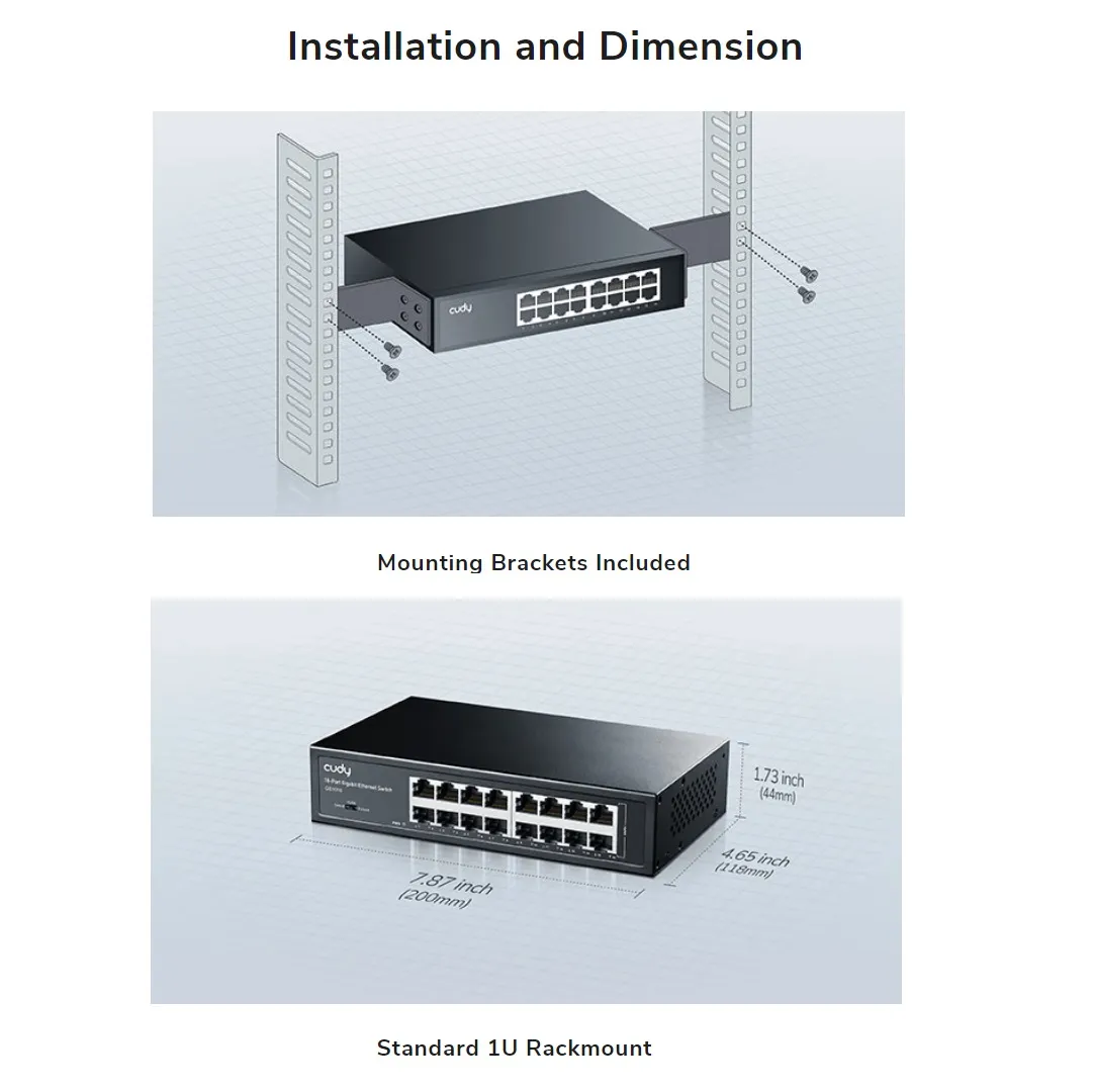 CUDY 16-Port Gigabit Unmanaged Switch with Fanless Cooling (2) GS1016-EU CUDY 16-Port Gigabit Unmanaged Switch CUDY 16-Port Gigabit Unmanaged Switch with VLAN/Extend and Fanless Cooling ; Default/VLAN/Extend Modes ; 250 Meters Transmission ; VLAN for Clients Isolation ;  Desktop, Rack-Mount | BLACK GS1016 3.0