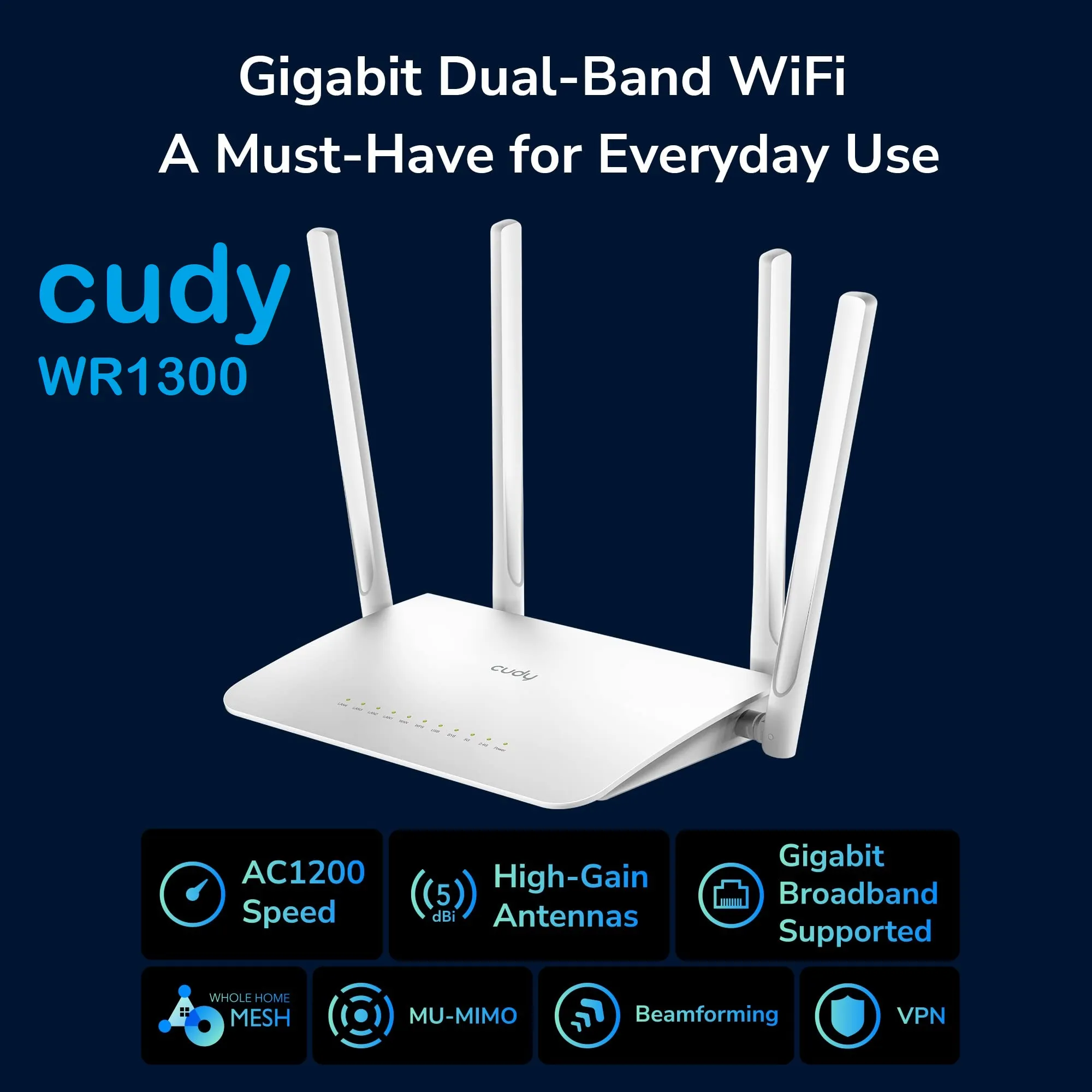 WR1300-EU CUDY WR1300 AC1200 Gigabit Mesh Wi-Fi Router CUDY WR1300 3.0 AC1200 Gigabit Mesh Wi-Fi Router ;  4-Stream Dual-Band Wi-Fi ;  867 Mbps + 300 Mbps Wi-Fi ;  5× Gigabit Ethernet Ports ;  4× High-Gain Antennas ;  50 Connected Devices ;  Covers 100m² ; Cudy Mesh, VPN Server and Client ; Cudy App, Cloud Control