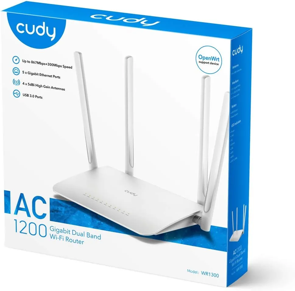 WR1300-EU CUDY WR1300 AC1200 Gigabit Mesh Wi-Fi Router CUDY WR1300 3.0 AC1200 Gigabit Mesh Wi-Fi Router ;  4-Stream Dual-Band Wi-Fi ;  867 Mbps + 300 Mbps Wi-Fi ;  5× Gigabit Ethernet Ports ;  4× High-Gain Antennas ;  50 Connected Devices ;  Covers 100m² ; Cudy Mesh, VPN Server and Client ; Cudy App, Cloud Control