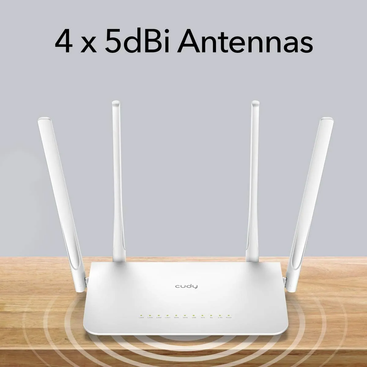 WR1300-EU CUDY WR1300 AC1200 Gigabit Mesh Wi-Fi Router CUDY WR1300 3.0 AC1200 Gigabit Mesh Wi-Fi Router ;  4-Stream Dual-Band Wi-Fi ;  867 Mbps + 300 Mbps Wi-Fi ;  5× Gigabit Ethernet Ports ;  4× High-Gain Antennas ;  50 Connected Devices ;  Covers 100m² ; Cudy Mesh, VPN Server and Client ; Cudy App, Cloud Control