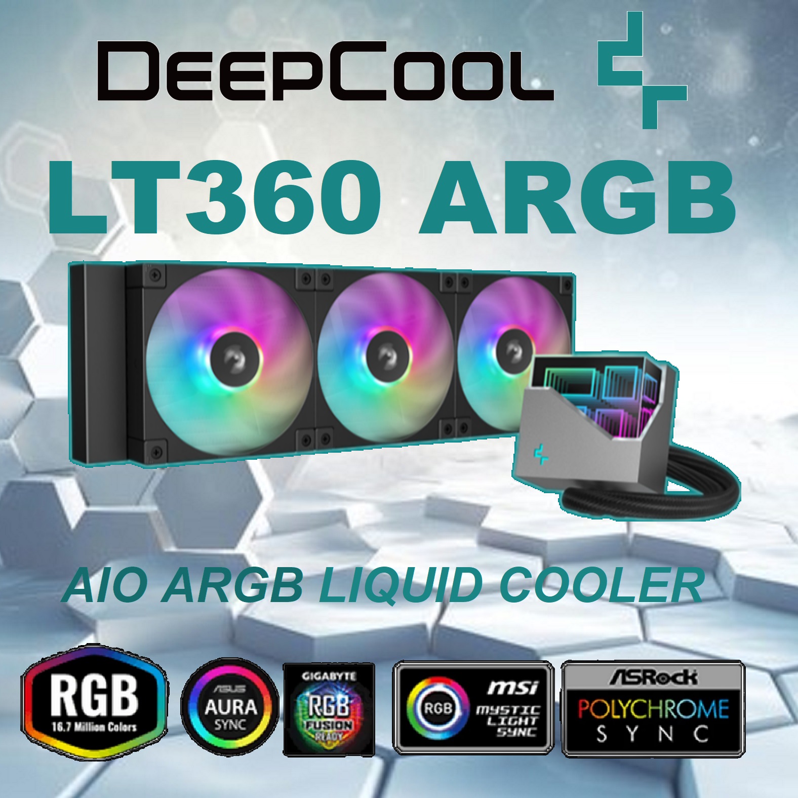 DEEPCOOL BACKGROUND FOURDFGSFG R-LT360-BKAMNC-G-1 DeepCool LT360 ARGB AIO WHITE LIQUID COOLER DeepCool LT360 ARGB AIO LIQUID COOLER : Infinity Mirror Frosty Cube with Copper Coldplate - 3400 RPM 5th Generation Water Pump - 3x 120mm ARGB PWM Fans - Intel and AMD Compatibility | BLACKĀ