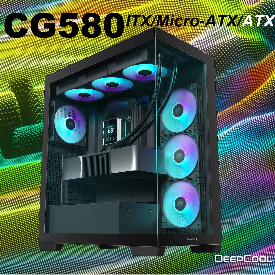 DeepCool CG580 Gaming ATX Black PC Case Panoramic View Glass (9) R-CG580-BKNDA0-G-1 CG580 Gaming ATX Black PC Case Panoramic DeepCool CG580 Gaming ATX PC Case Panoramic View Tempered Glass - Supports ITX , Micro-ATX , ATX Motherboards - Fits 410mm GPUs - 7 Expansion Slots - Front I/O Ports USB3.0×2, Audio×1, Power, Reset | BLACK R-CG580-BKNDA0-G-1