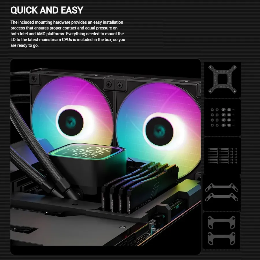 R-LD240-BKMSN-G-1 DeepCool LD240 ARGB AIO LIQUID COOLER DeepCool LD240 ARGB AIO LIQUID COOLER : Large Display with ARGB Halos for CPU Status ,  2x ARGB PWM Fans , 5th Generation High-Performance Pump up to 3400 RPM , Pre-applied Thermal Paste | BLACK