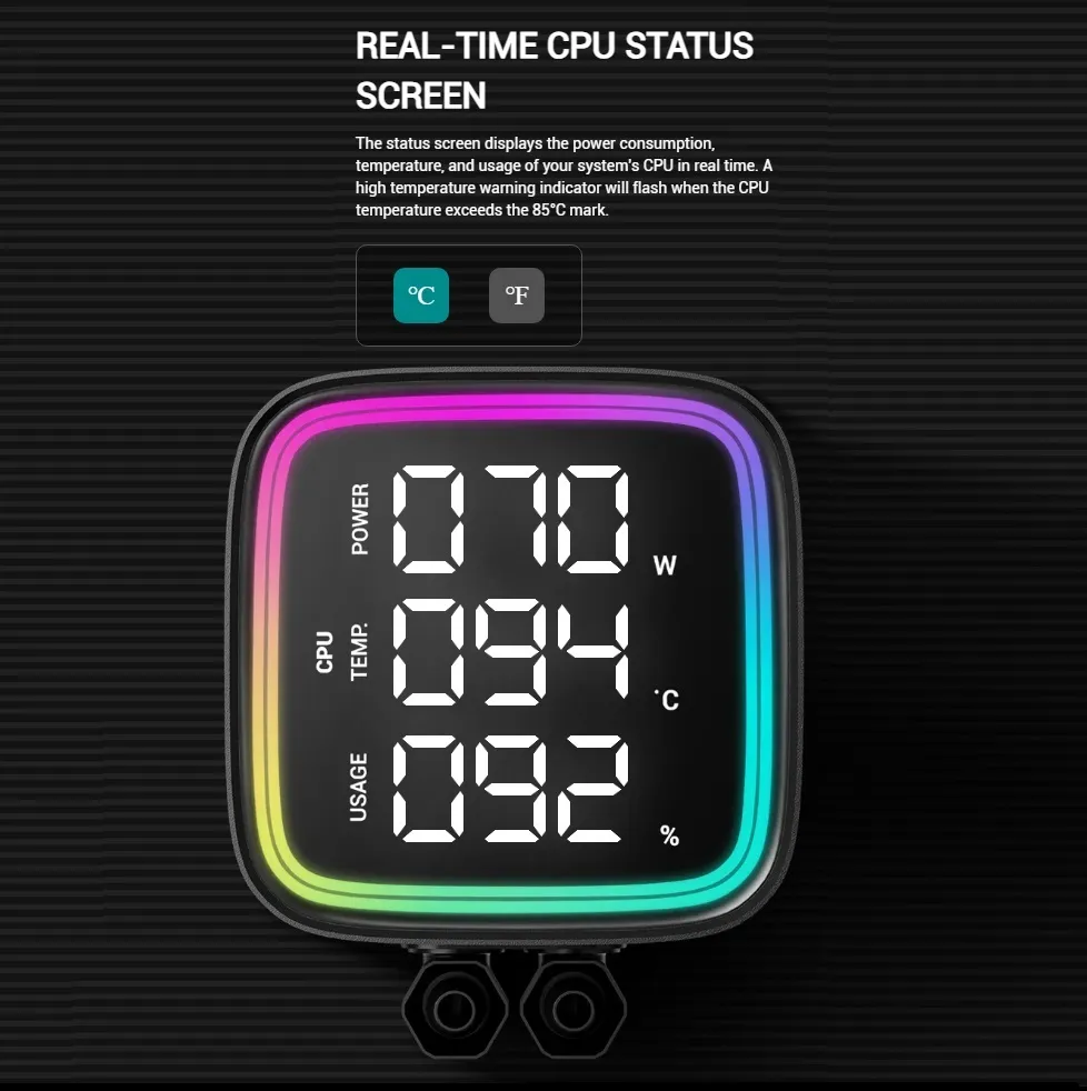 R-LD240-BKMSN-G-1 DeepCool LD240 ARGB AIO LIQUID COOLER DeepCool LD240 ARGB AIO LIQUID COOLER : Large Display with ARGB Halos for CPU Status ,  2x ARGB PWM Fans , 5th Generation High-Performance Pump up to 3400 RPM , Pre-applied Thermal Paste | BLACK