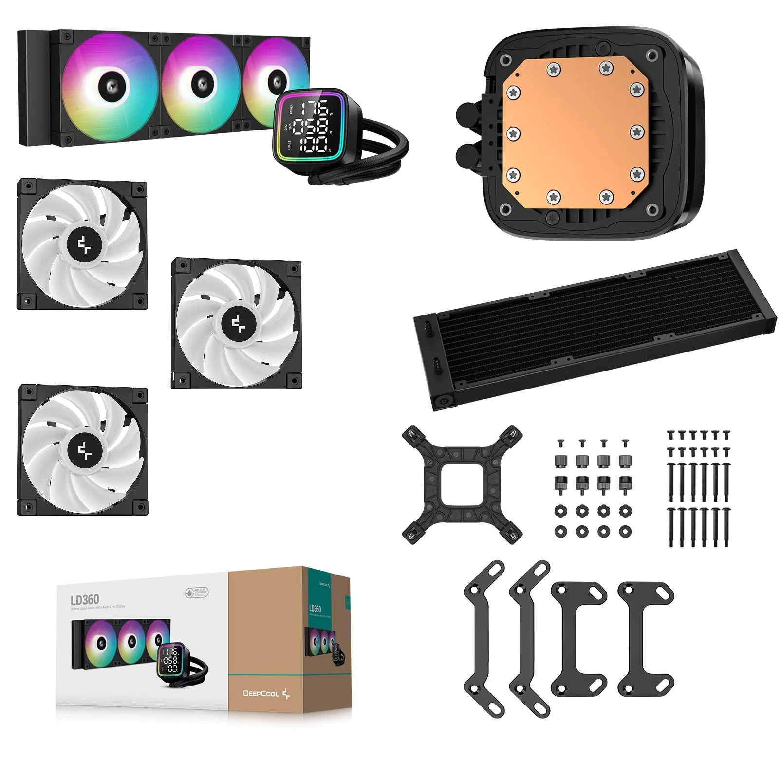 R-LD360-BKMSN-G-1 DeepCool LD360 ARGB AIO LIQUID COOLER DeepCool LD360 ARGB AIO LIQUID COOLER : Large Display with ARGB Halos for CPU Status ,  3x ARBB PWM Fans , 5th Generation High-Performance Pump up to 3400 RPM , Pre-applied Thermal Paste | BLACK 