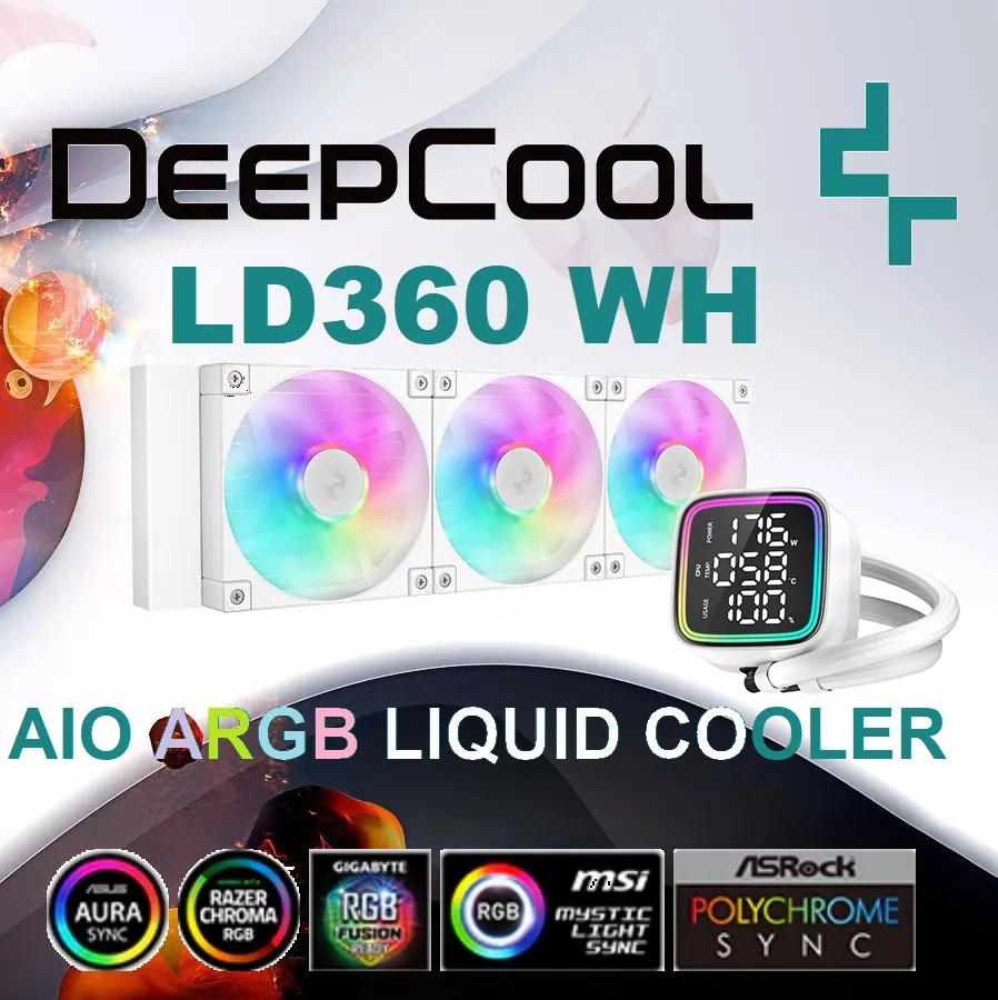 R-LD360-WHDMMN-G-1  DeepCool LD360 WH ARGB AIO WHITE LIQUID COOLER DeepCool LD360 WH ARGB AIO WHITE LIQUID COOLER : Large Display with ARGB Halos for CPU Status ,  3x ARBB PWM Fans , 5th Generation High-Performance Pump up to 3400 RPM , Pre-applied Thermal Paste | WHITE