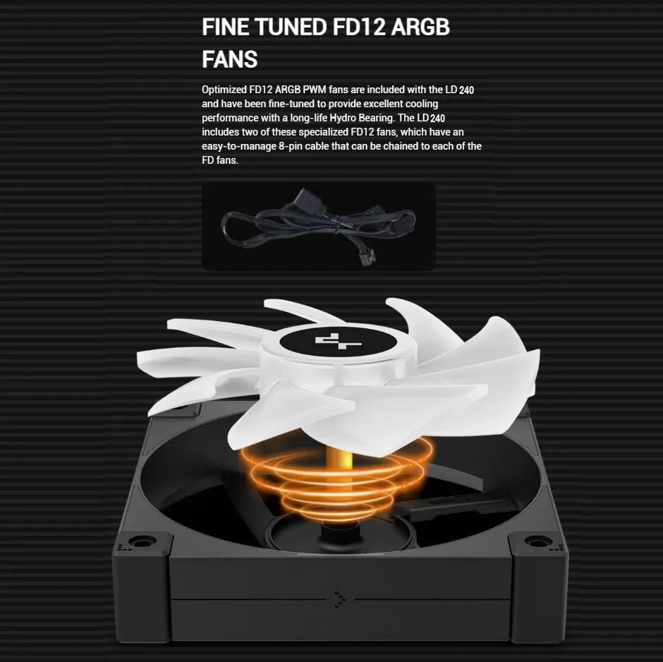 R-LD240-BKMSN-G-1 DeepCool LD240 ARGB AIO LIQUID COOLER DeepCool LD240 ARGB AIO LIQUID COOLER : Large Display with ARGB Halos for CPU Status ,  2x ARGB PWM Fans , 5th Generation High-Performance Pump up to 3400 RPM , Pre-applied Thermal Paste | BLACK
