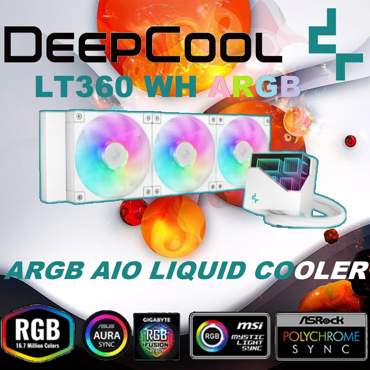 R-LT360-WHAMNC-G-1 DeepCool LT360 WH ARGB AIO WHITE LIQUID COOLER DeepCool LT360 WH ARGB AIO WHITE LIQUID COOLER : Infinity Mirror Frosty Cube with Copper Coldplate - 3400 RPM 5th Generation Water Pump - 3x 120mm ARGB PWM Fans - Intel and AMD Compatibility 