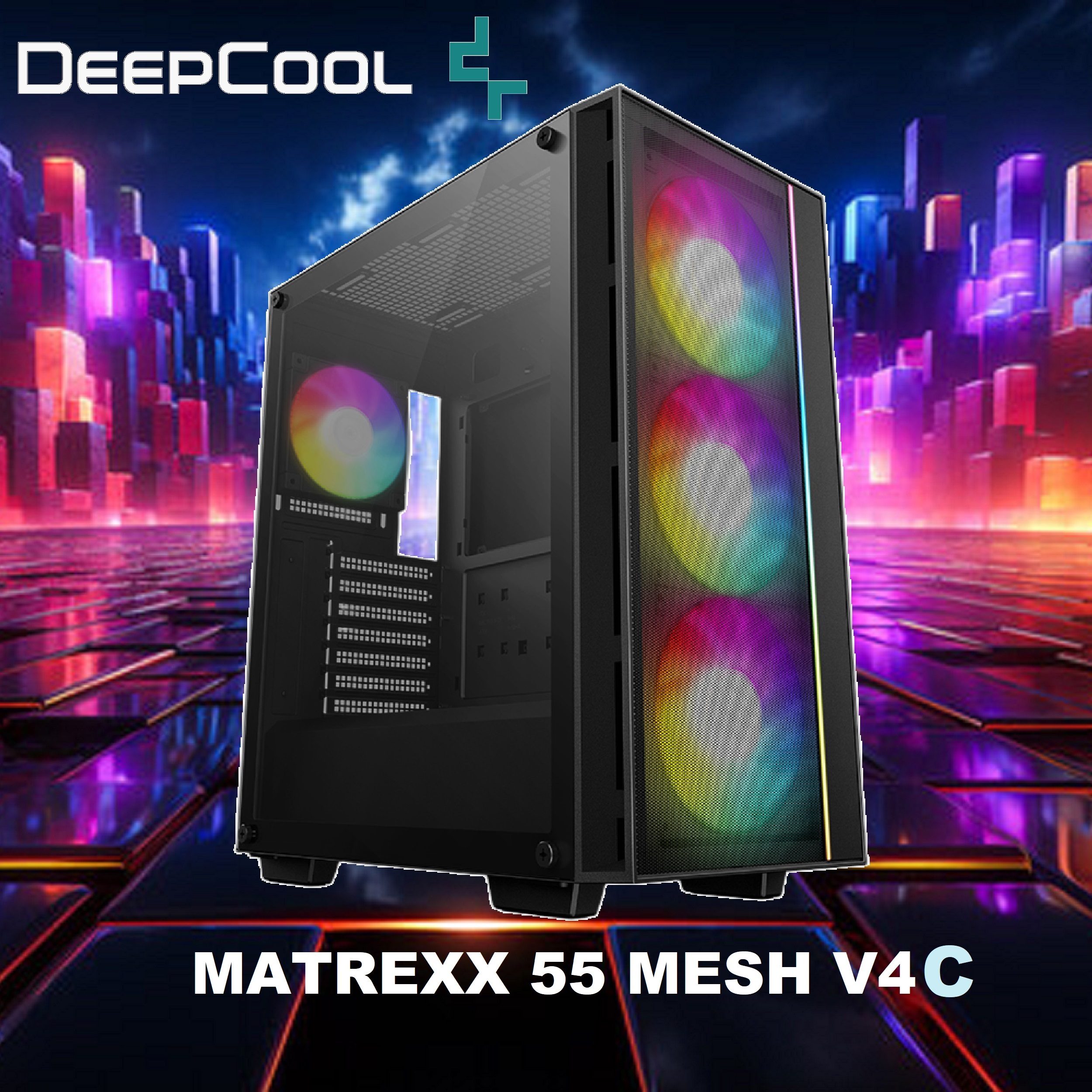 R-MATREXX55-BCAGA4 DeepCool MATREXX 55 MESH V4 C ATX Gaming Case DeepCool MATREXX 55 MESH V4 C ATX Gaming Case : Supports Mini-ITX / Micro-ATX / ATX Motherboards ; Build-in Front LED Strip + ARGB PWM Fans 2x 140mm & 1x 120mm ; up to 370mm GPU  ; USB3.0×2 , Audio×1 , Type-Cx1 Front I/O Ports | R-MATREXX55-BCAGA4