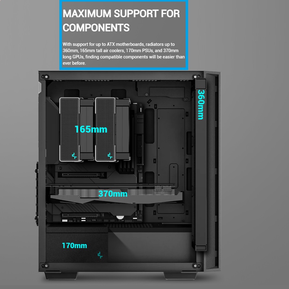 R-MATREXX55-BKAGA4 DeepCool MATREXX 55 V4 MESH ATX Gaming Case DeepCool MATREXX 55 V4 MESH ATX Gaming Case : Supports Mini-ITX / Micro-ATX / ATX Motherboards ; Build-in Front LED Strip + ARGB PWM Fans 2x 140mm & 1x 120mm ; up to 370mm GPU  ; USB3.0×2 , Audio×1 Front I/O Ports | BLACK R-MATREXX55-BKAGA4