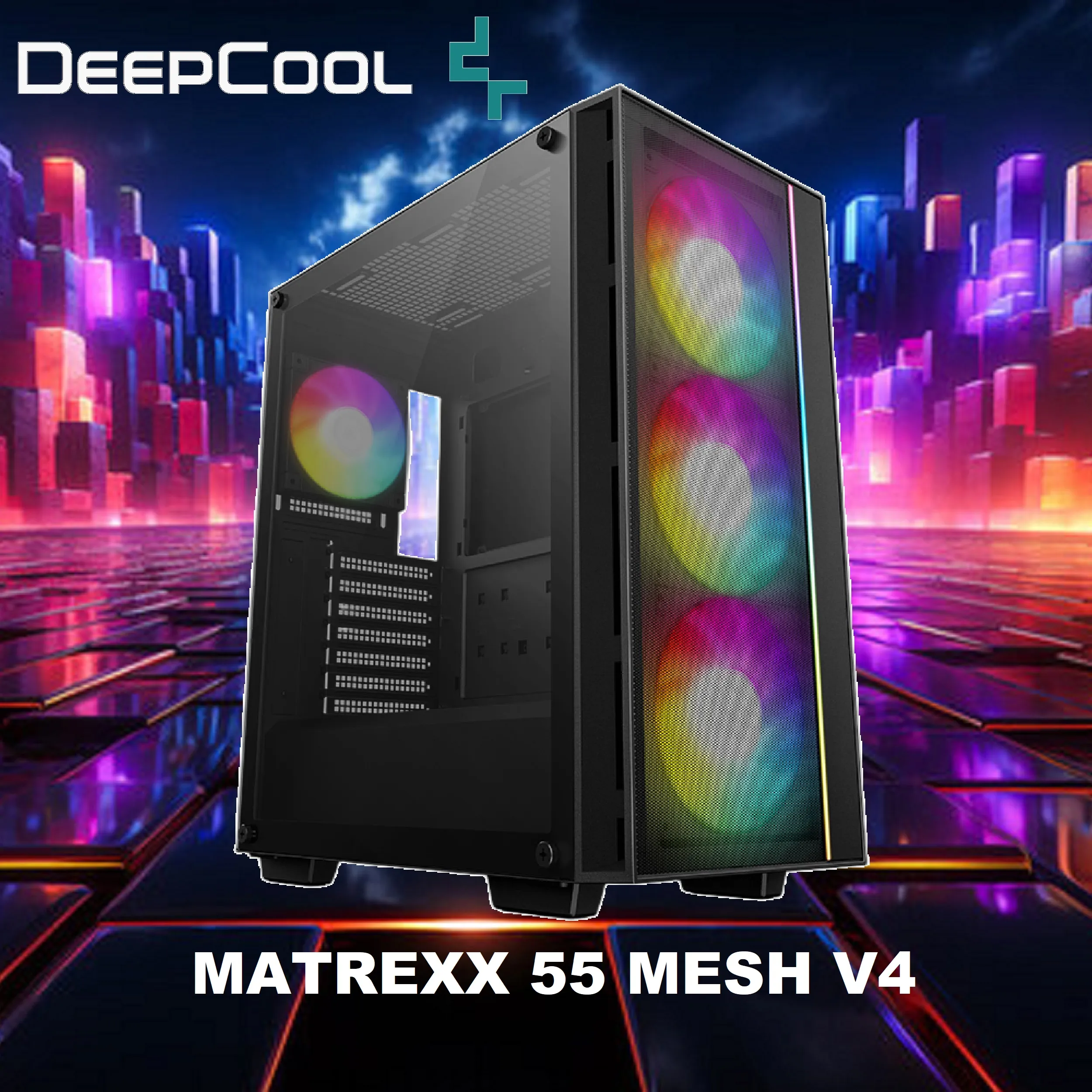 R-MATREXX55-BKAGA4 DeepCool MATREXX 55 V4 MESH ATX Gaming Case DeepCool MATREXX 55 V4 MESH ATX Gaming Case : Supports Mini-ITX / Micro-ATX / ATX Motherboards ; Build-in Front LED Strip + ARGB PWM Fans 2x 140mm & 1x 120mm ; up to 370mm GPU  ; USB3.0×2 , Audio×1 Front I/O Ports | BLACK R-MATREXX55-BKAGA4