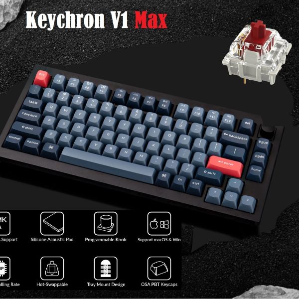 V1M-D1 Max Wireless Mechanical Keyboard RED Switches Keychron V1 Max Wireless Custom Mechanical Keyboard | Fully Assembled Knob |2.4 GHz wireless and Bluetooth 5.1 connectivity | compact 75% layout | gasket mount |double-shot PBT keycaps Gateron Jupiter RED Switches | Carbon Black