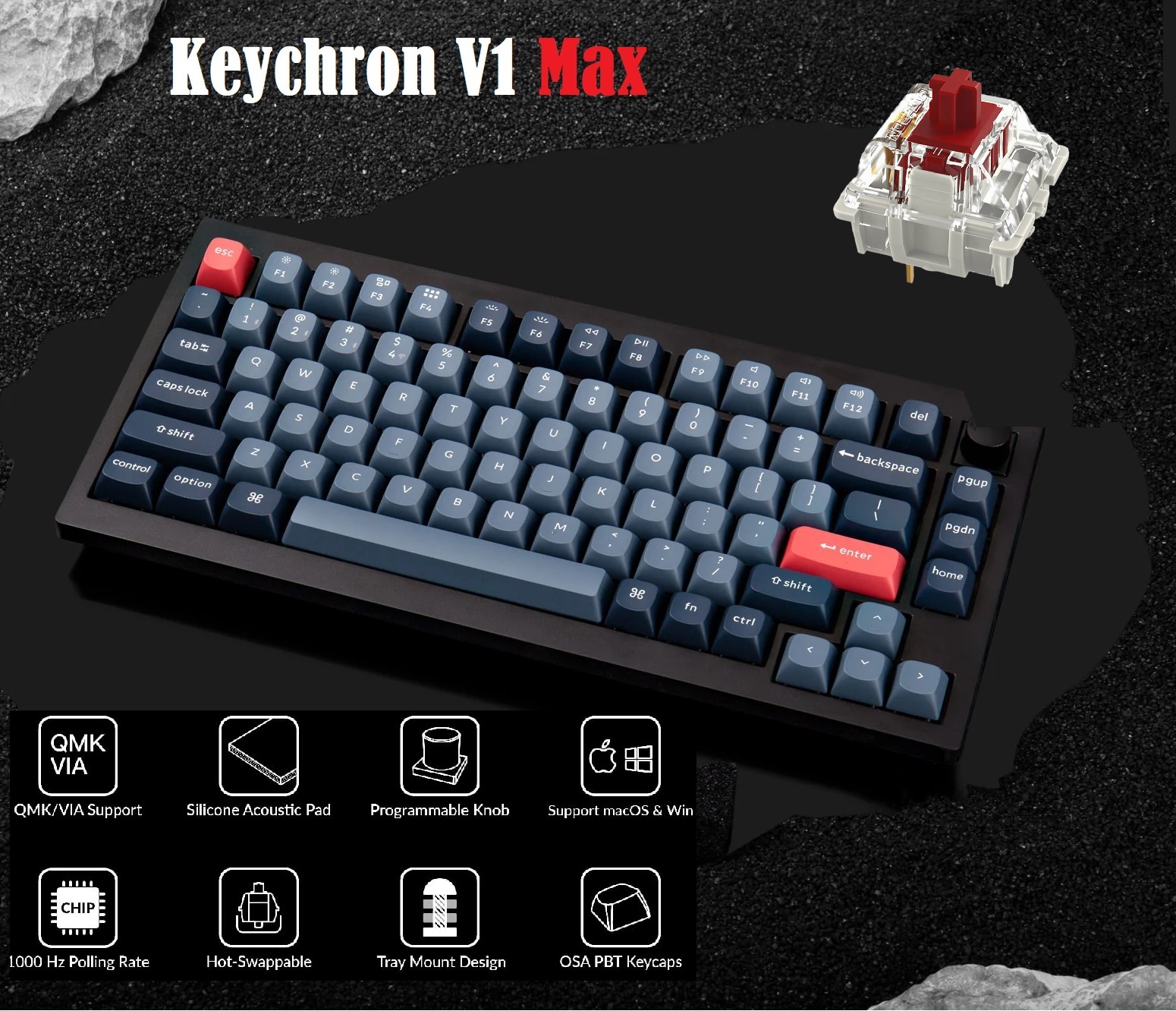 V1M-D1 Max Wireless Mechanical Keyboard RED Switches Keychron V1 Max Wireless Custom Mechanical Keyboard | Fully Assembled Knob |2.4 GHz wireless and Bluetooth 5.1 connectivity | compact 75% layout | gasket mount |double-shot PBT keycaps Gateron Jupiter RED Switches | Carbon Black