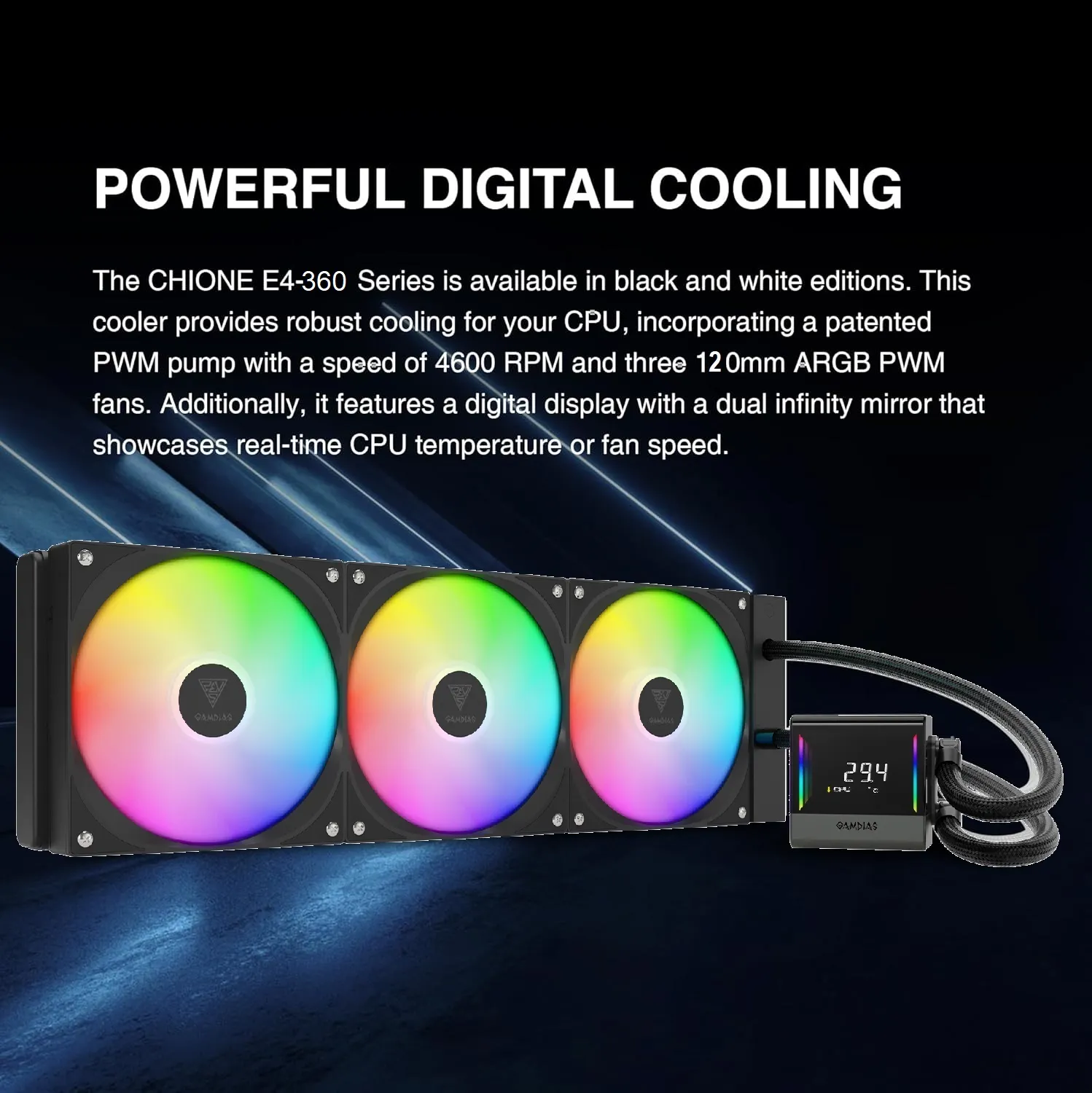 GAMDIAS-CHIONE-E4-360mm-AIO-ARGB-CPU-Liquid-Cooler-5 CHIONE-E4-360-B CHIONE E4 360 AIO ARGB BLACK CPU Liquid Cooler GAMDIAS CHIONE E4 360mm AIO ARGB CPU Liquid Cooler , Real-time Digital Display PWM Pump, Hidden Cable Design, 3X 120MM ARGB PWM Fan w/MB Sync, Intel LGA 1700/1200, AMD AM5/AM4 | BLACK CHIONE-E4-360-B